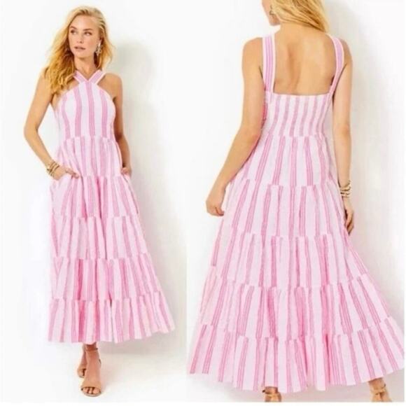 Lilly Pulitzer Jenette Halter Maxi Havana Pink Sails & Stripes Seersucker 00 NWT - Picture 1 of 12